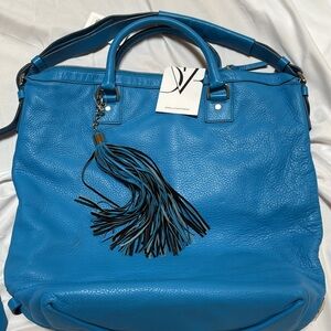 Diane Von Furstenberg Blue Leather Tote with Tassel